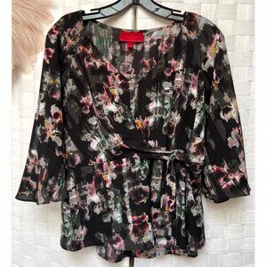Jennifer Lopez Black Floreal Wrap Look Blouse Top Size S
